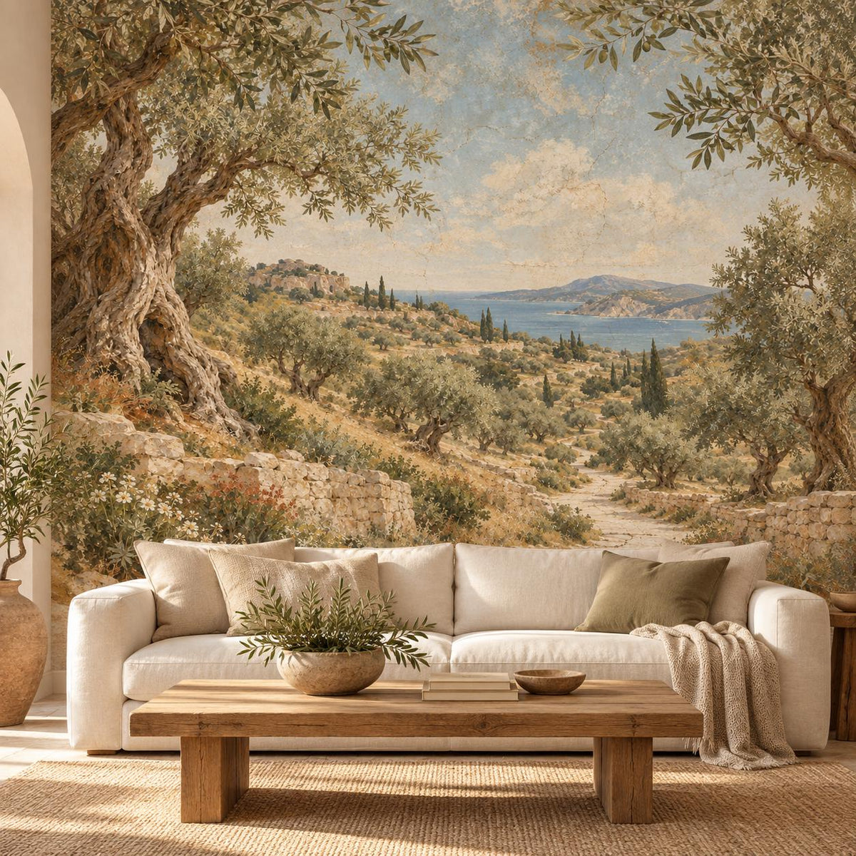 Olive grove landscape wall mural in a styled room