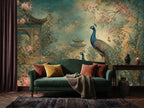 Vintage Asian floral mural with peacocks displayed in a cozy bedroom as an accent feature wall