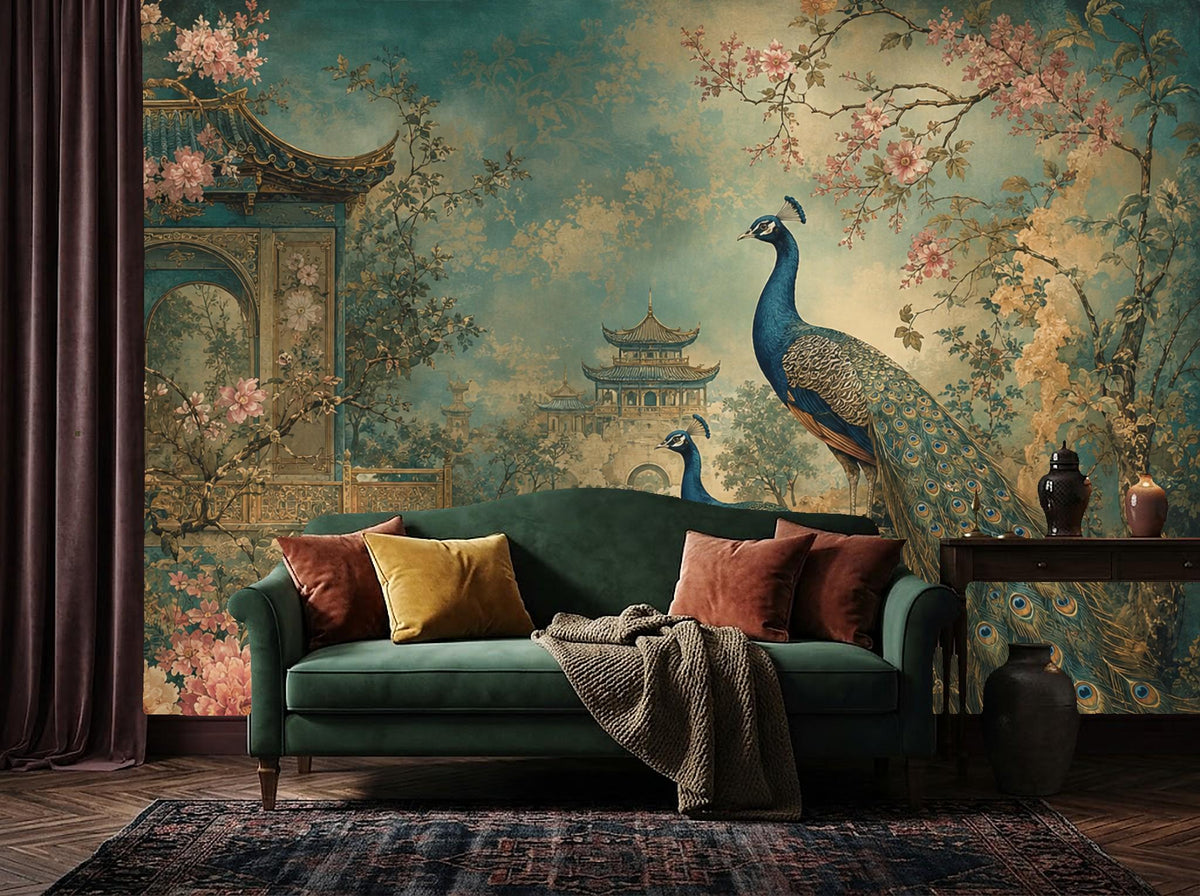 Vintage Asian floral mural with peacocks displayed in a cozy bedroom as an accent feature wall