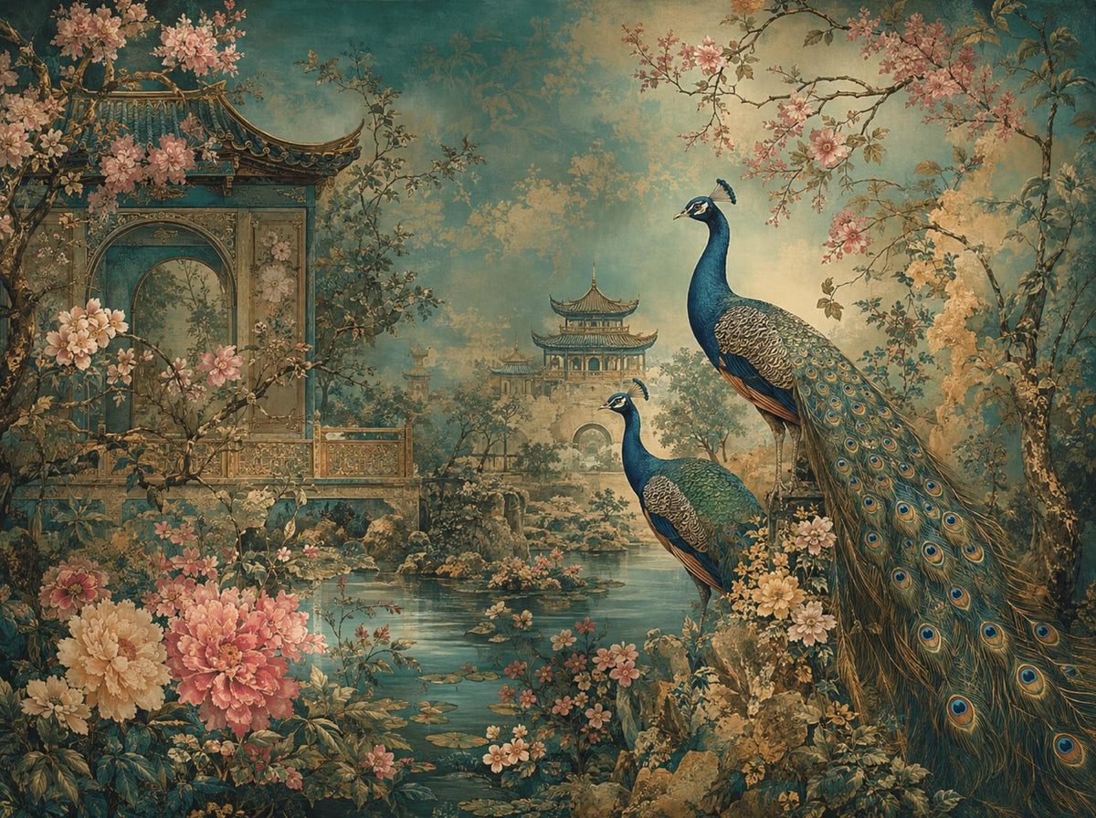 Vintage Chinoiserie wall art featuring two elegant peacocks
