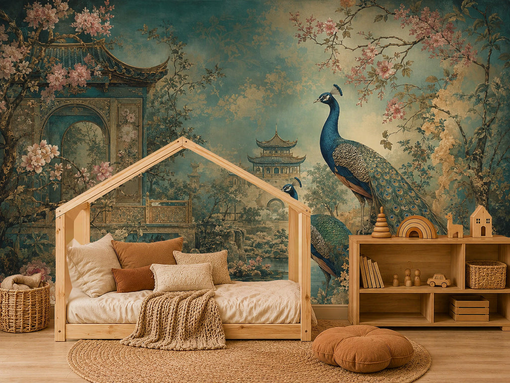 Texture close-up of chinoiserie wallpaper surface revealing fine printed detail and matte finish quality