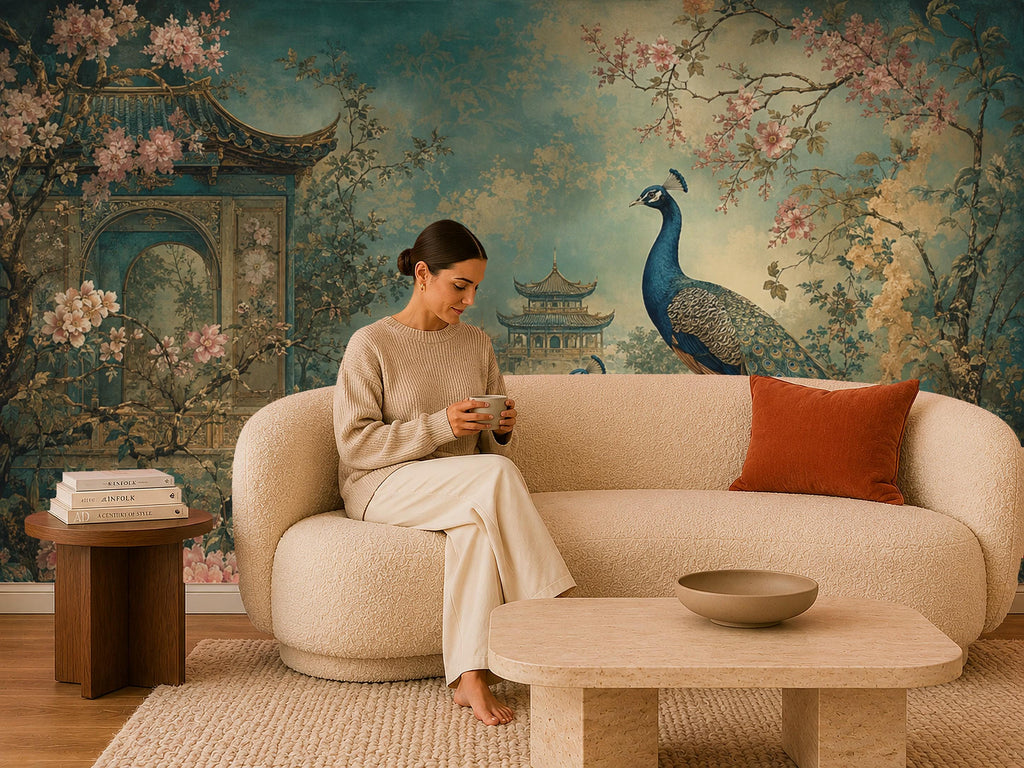 Nursery wallpaper featuring soft chinoiserie peacock and floral motifs in muted vintage pastel shades