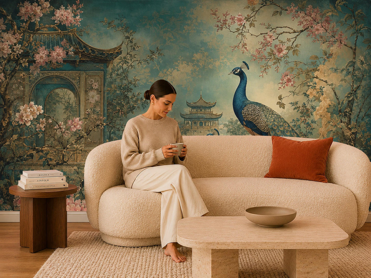 Nursery wallpaper featuring soft chinoiserie peacock and floral motifs in muted vintage pastel shades