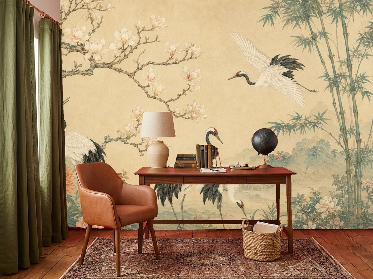 Nursery mural wallpaper with Japanese cranes and floral vines styled above a white baby crib in a neutral room