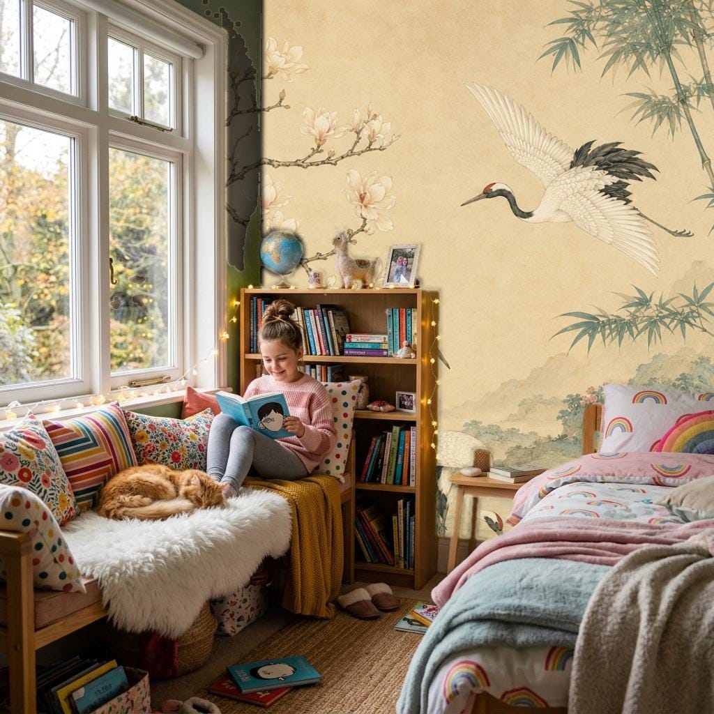 Asian bird mural wallpaper pattern repeat showing graceful cranes among blooming vintage floral branches