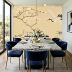 Crane wall mural peel and stick wallpaper displayed in a cozy nursery with white furniture and natural wood accents