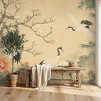 Nursery wall decor featuring Japanese crane peel and stick wallpaper in a soft serene baby room setting