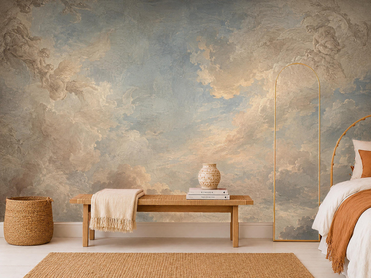 Heavenly sky peel and stick wallpaper featuring soft angelic clouds on a vintage blue sky background