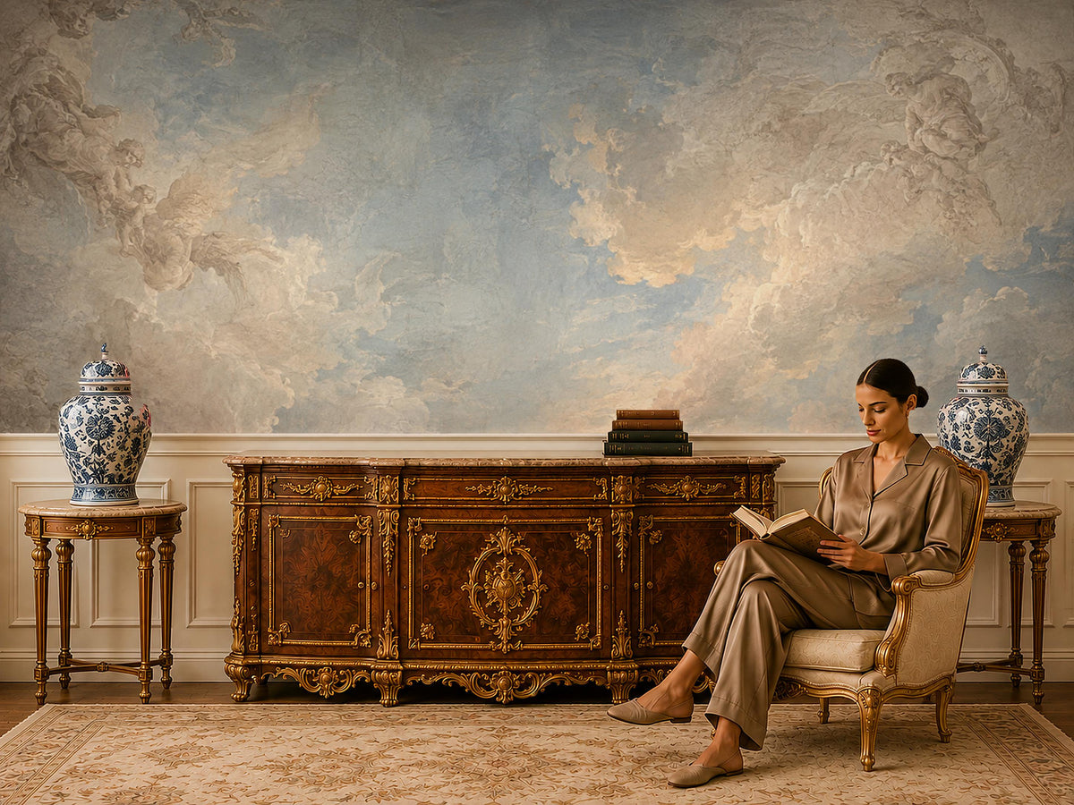 Vintage wall mural installed behind a wooden desk creating a serene heavenly sky home office look