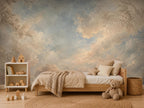 Nursery room decorated with angelic cloud mural in soft vintage sky tones for a dreamy atmosphere