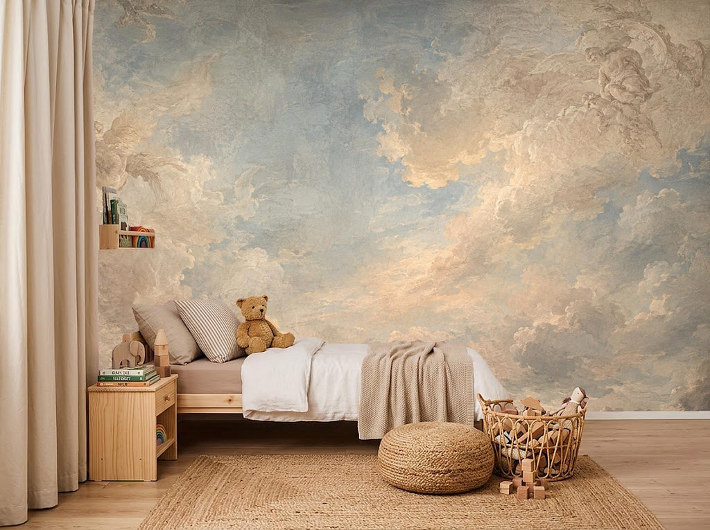 Bedroom accent wall covered in sky theme wallpaper with soft dreamy clouds and pastel blue tones