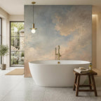 Close-up texture of vintage sky removable wallpaper showing detailed cloud print and matte finish