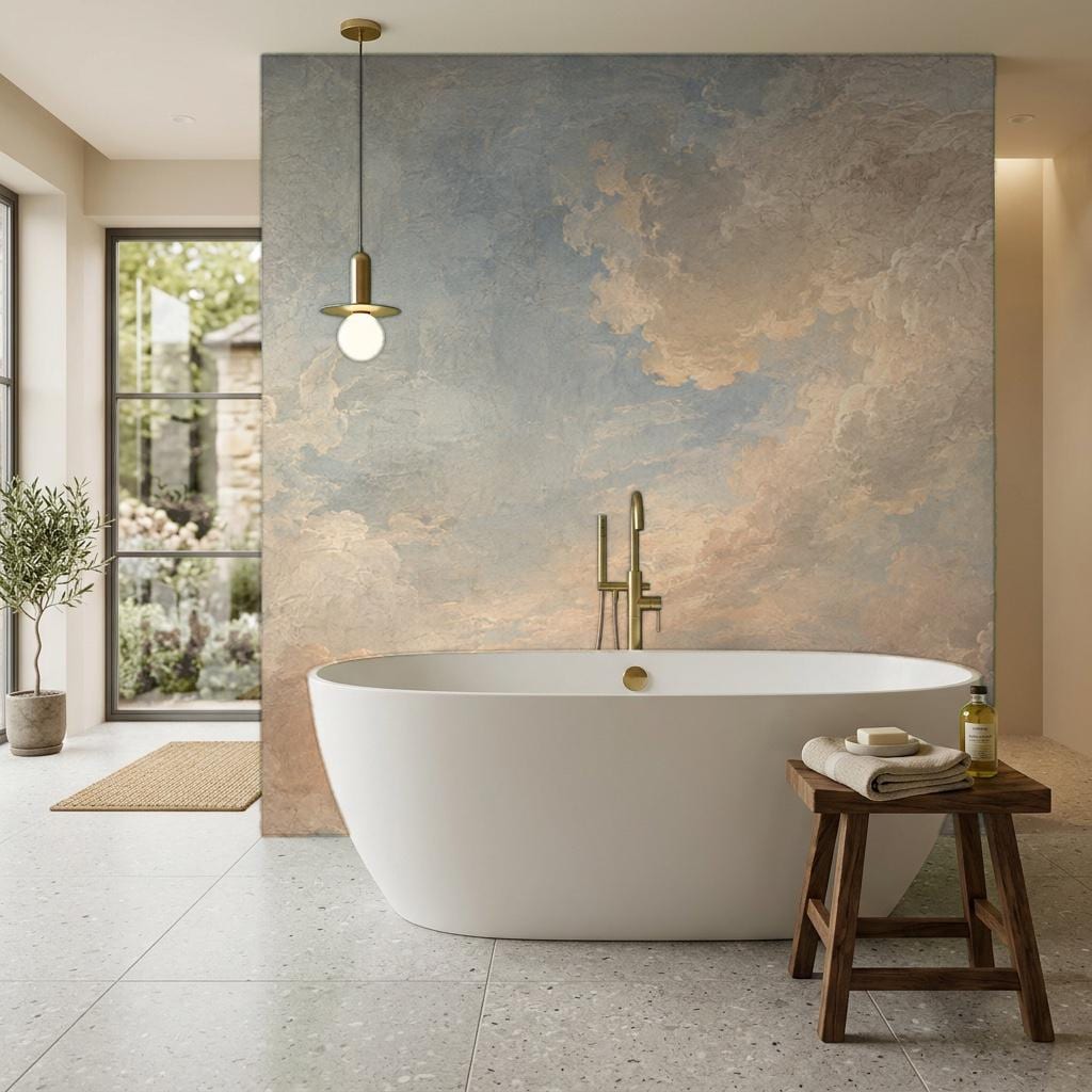Close-up texture of vintage sky removable wallpaper showing detailed cloud print and matte finish
