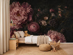 Botanical wall art close-up highlighting inky navy and forest green leaves with blush and cream vintage blooms