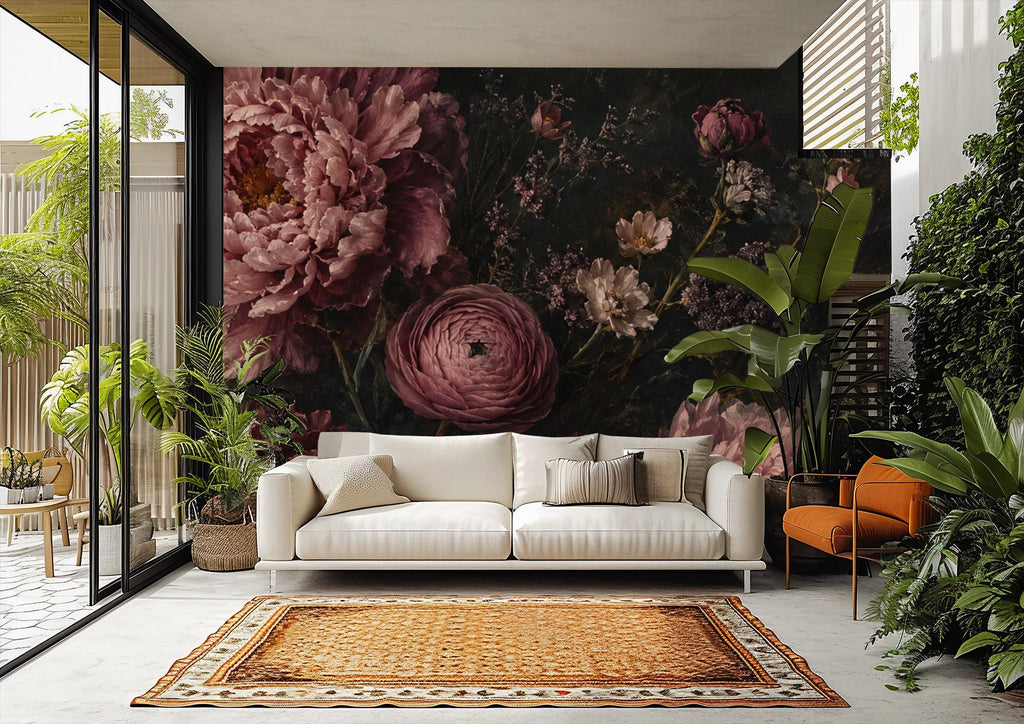 Single dark flower mural panel held up against a white wall to show true scale and color depth