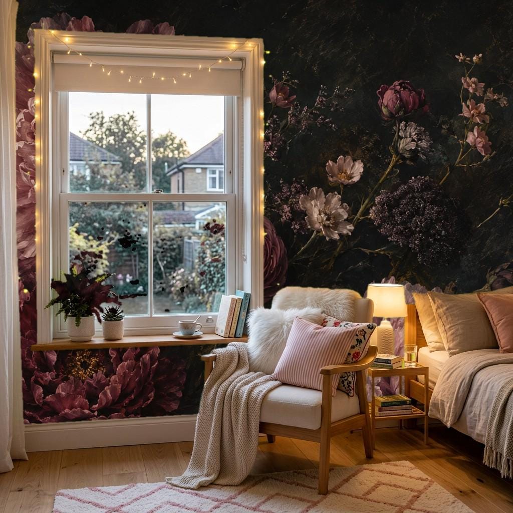 Botanical wallpaper in a dining room setting creating a moody vintage floral wall behind a wooden table