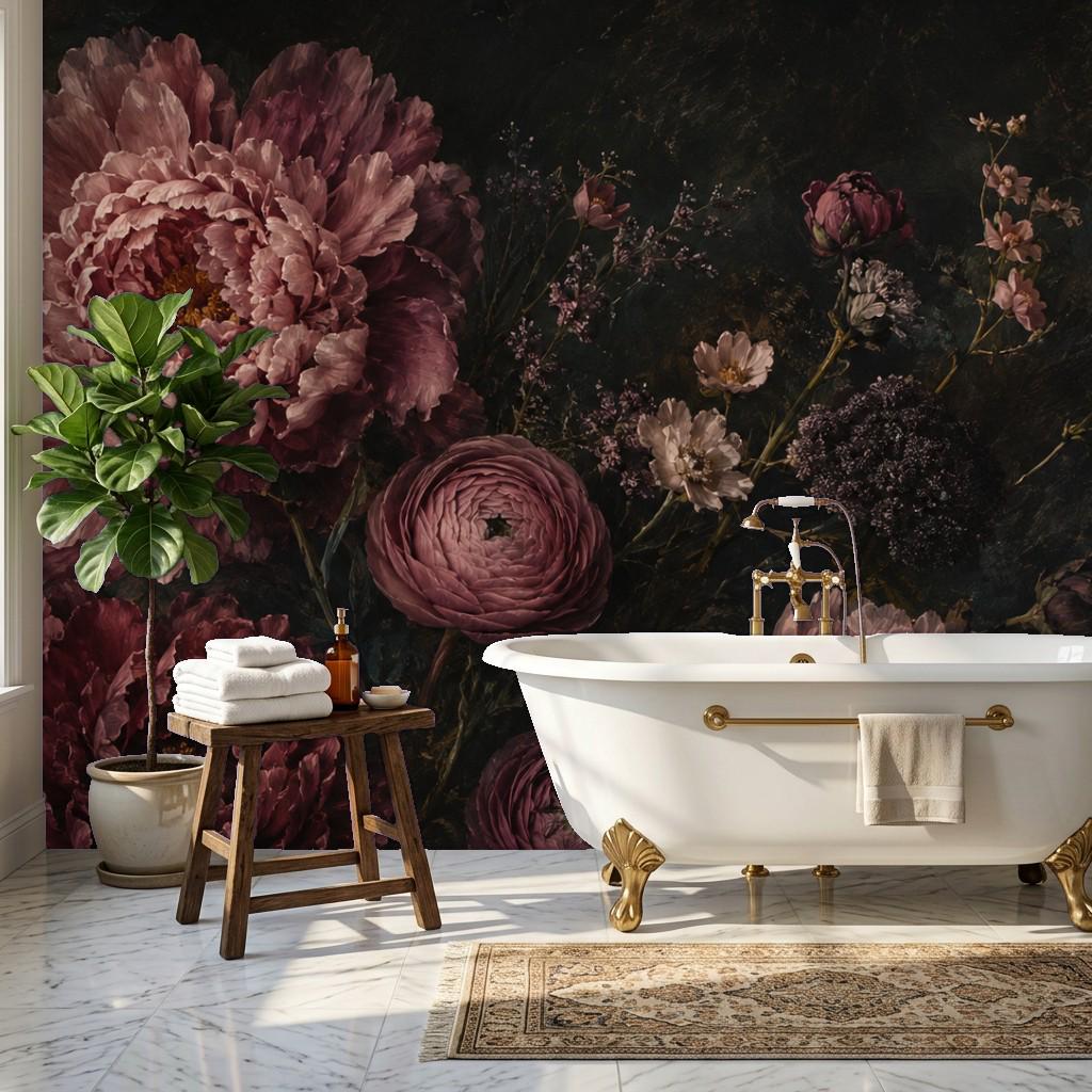 Vintage flower wall mural panel laid flat displaying full repeat pattern of botanicals on dark background