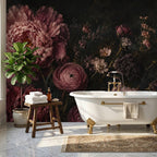 Vintage flower wall mural panel laid flat displaying full repeat pattern of botanicals on dark background