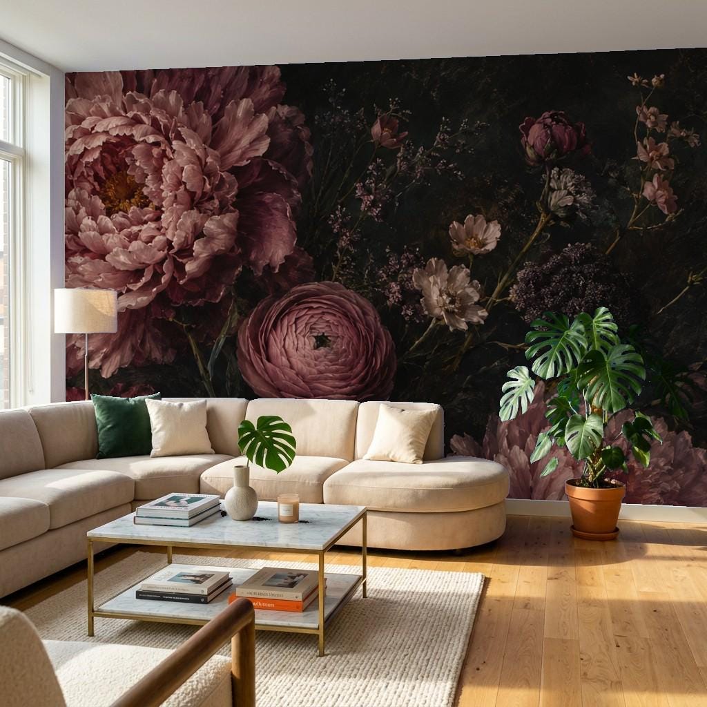 Dark floral mural in a modern living room styled with neutral furniture and warm ambient lighting