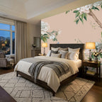 Removable bedroom wallpaper with delicate vintage botanical illustration pattern in earthy greens and blush