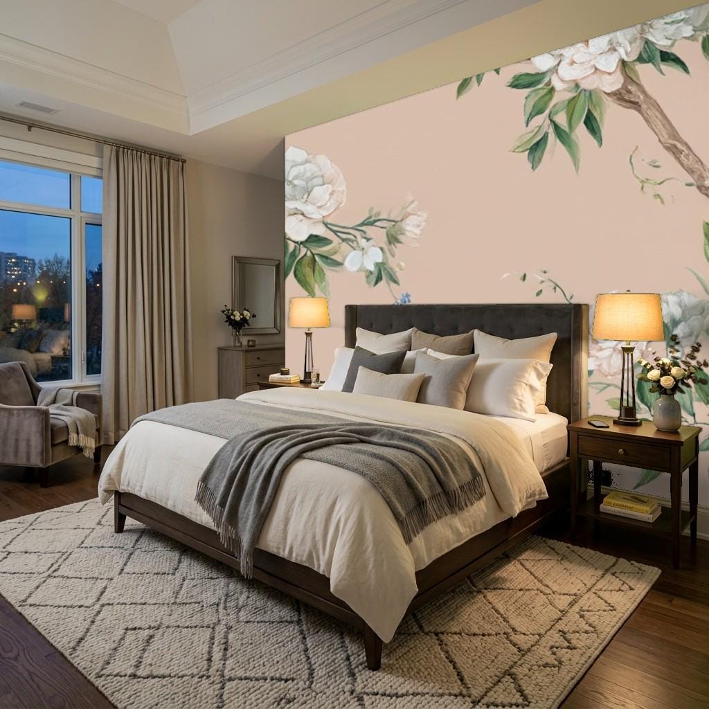 Removable bedroom wallpaper with delicate vintage botanical illustration pattern in earthy greens and blush