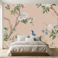 Floral peel and stick wallpaper featuring vintage botanical prints in soft muted tones for bedroom walls