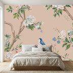 Floral peel and stick wallpaper featuring vintage botanical prints in soft muted tones for bedroom walls