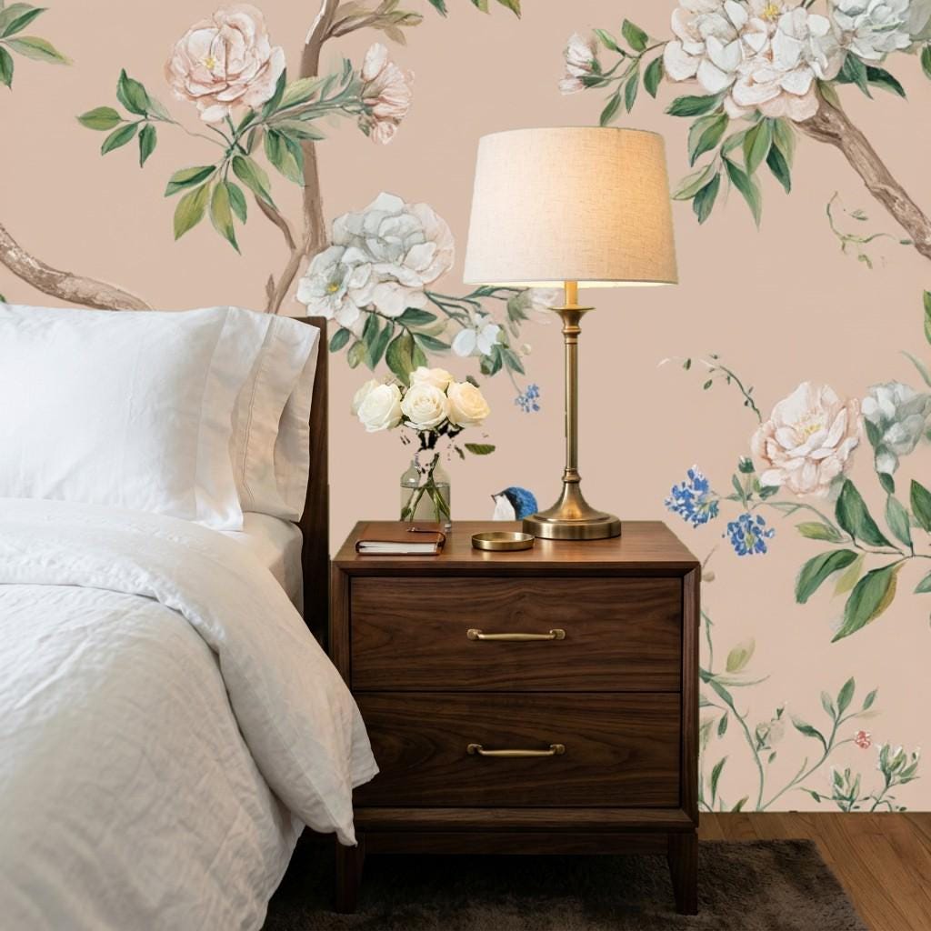 Close-up texture of botanical peel stick wallpaper showing detailed vintage floral motifs and matte finish