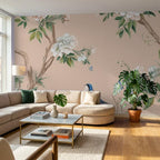 Floral wall mural installed in a bright cozy bedroom with neutral furniture and natural wood accents