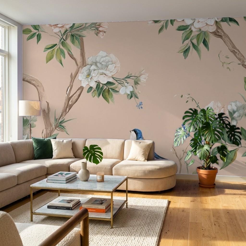 Floral wall mural installed in a bright cozy bedroom with neutral furniture and natural wood accents