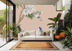 Vintage botanical wallpaper panel laid flat displaying full repeat pattern of flowers leaves and stems