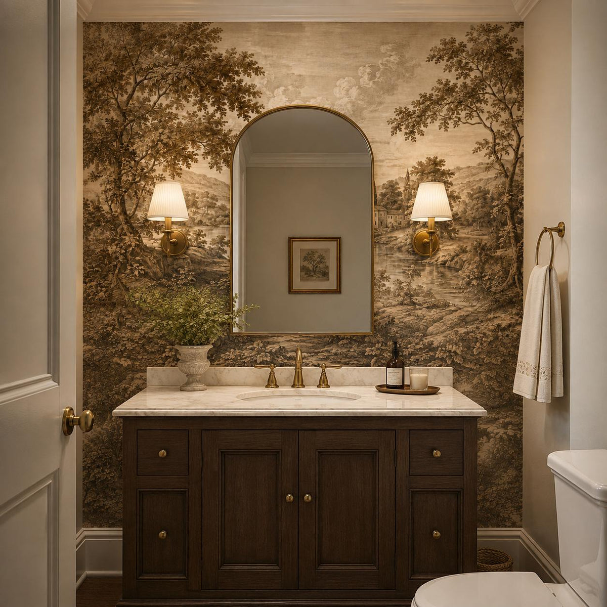Antique wallpaper mural displayed in dining room setting with warm lighting enhancing Victorian landscape tones