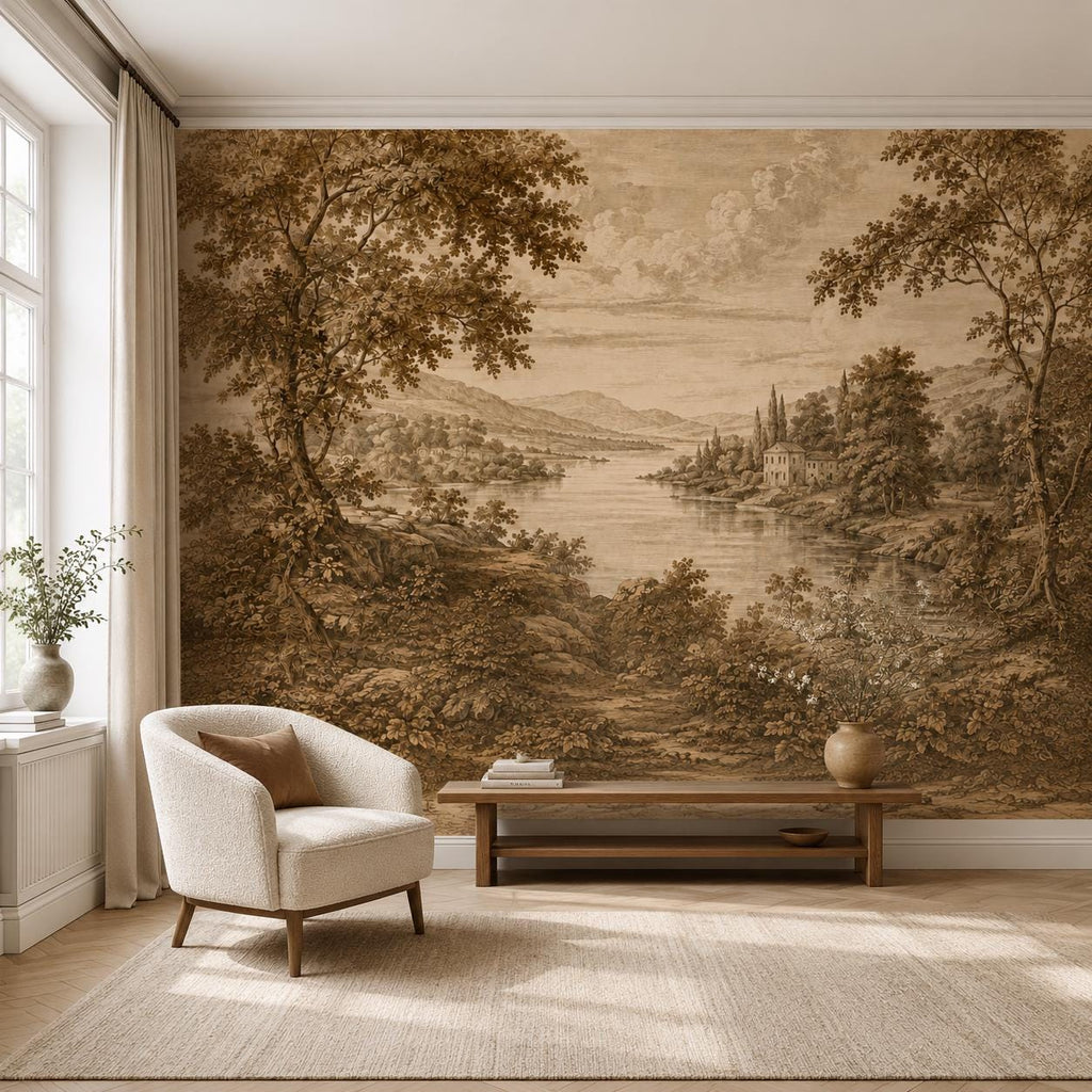 Vintage landscape wallpaper mural featuring sepia countryside lake scene with antique European scenic details