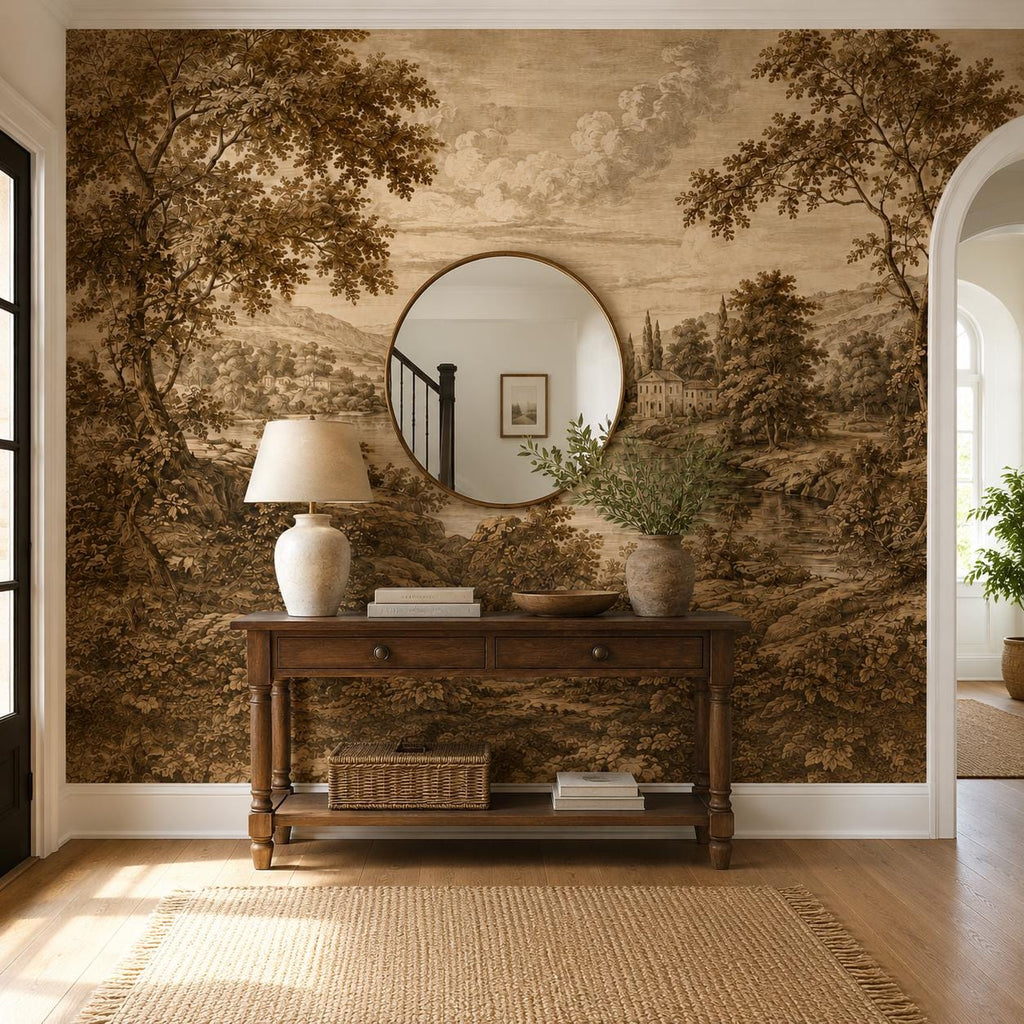 Victorian nature wall decor mural installed in elegant living room showcasing vintage scenic wallpaper beauty