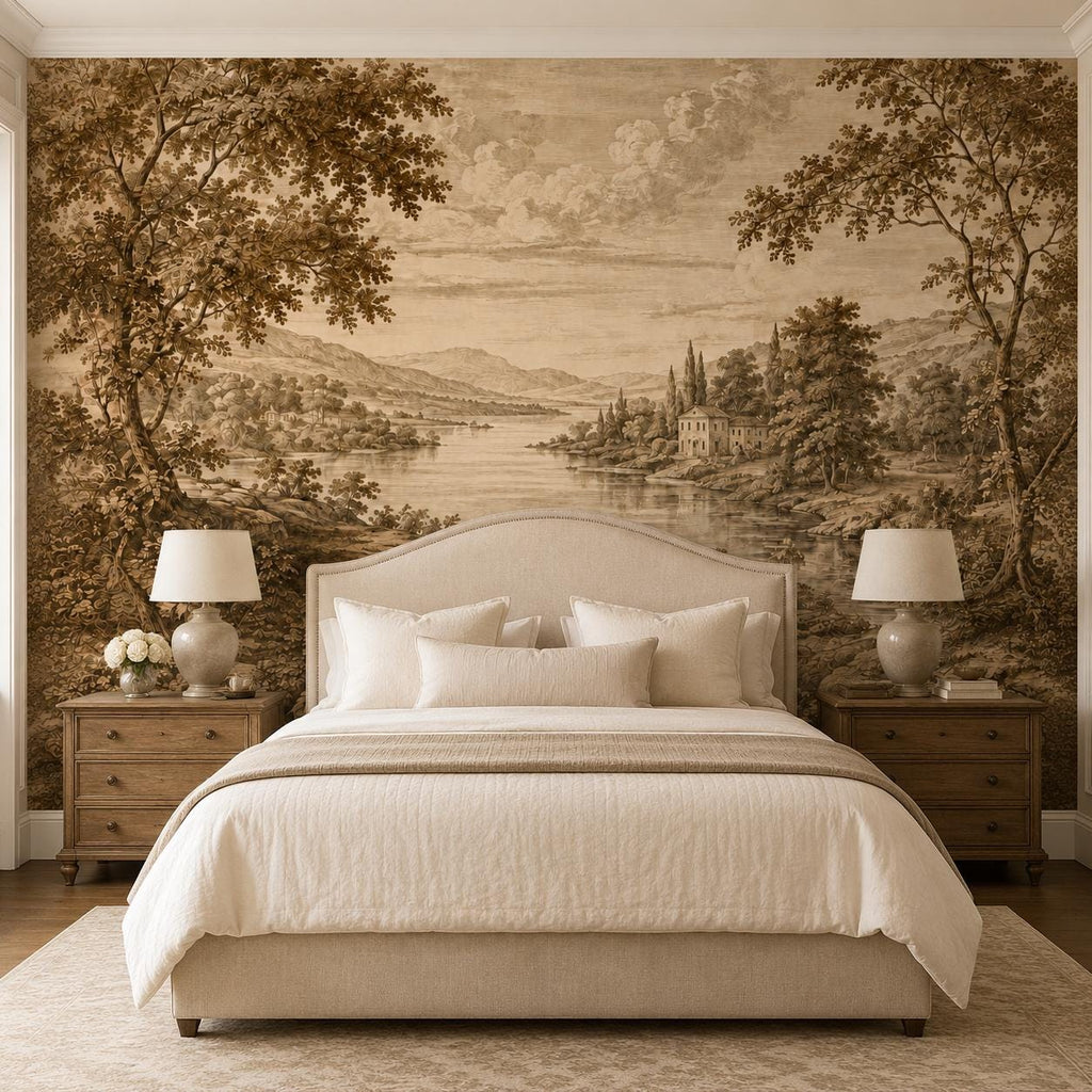 Detail shot of antique European scenic wallpaper showing delicate tree branches and misty lake background