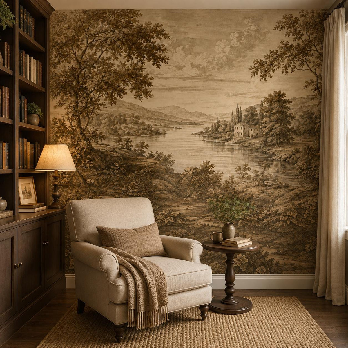 Size and scale chart for vintage lake wall mural showing available dimensions for Victorian nature wallpaper