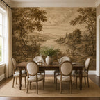 Sepia countryside mural texture close-up highlighting brushstroke-style printing on nature wallpaper surface
