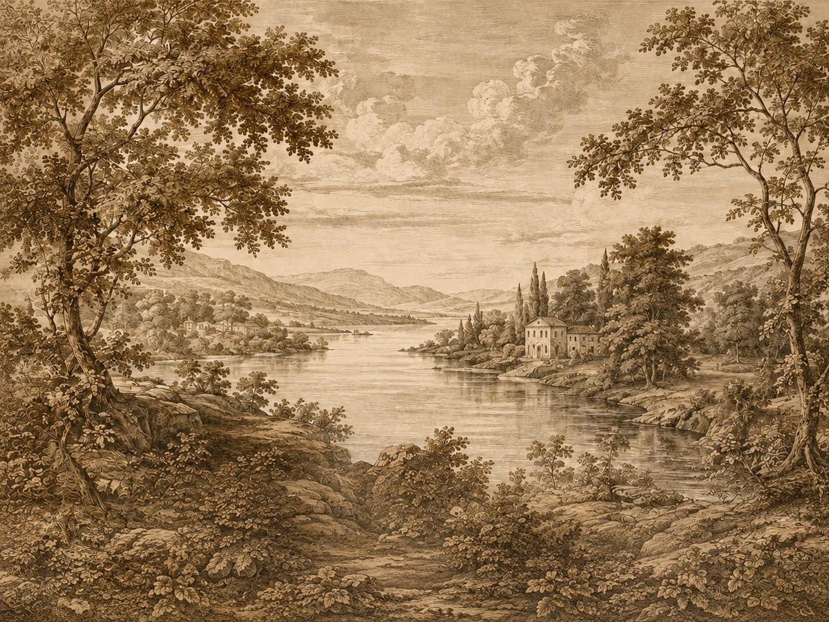 Wall mural sizing guide comparing antique landscape wallpaper panels against standard room wall measurements