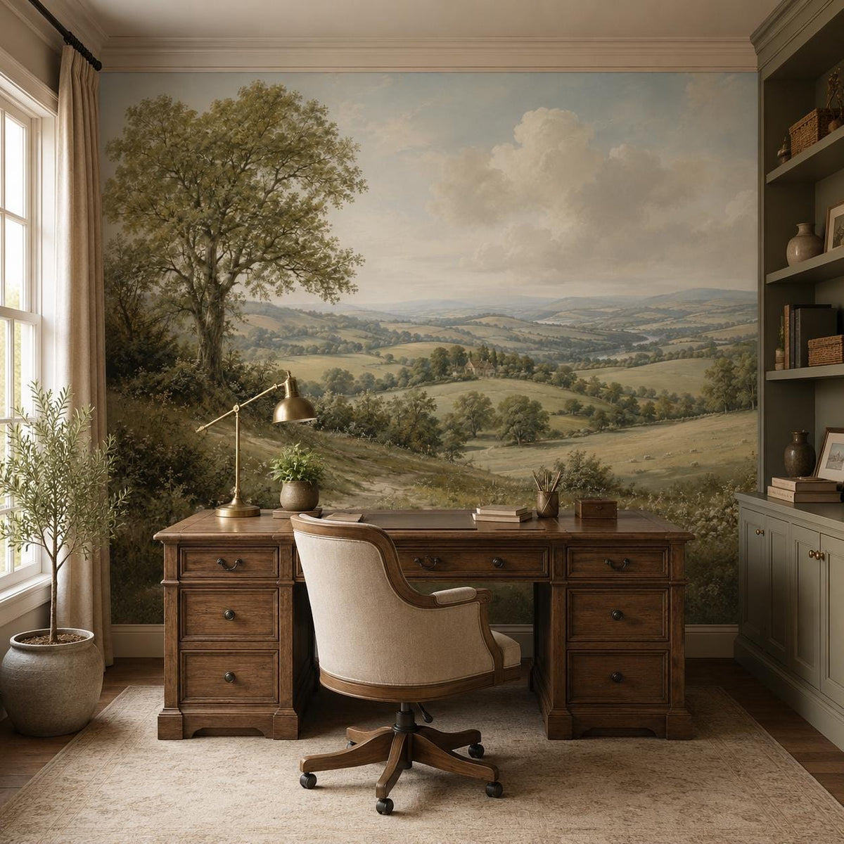 Vintage landscape wallpaper mural with golden fields and distant hills capturing classic English countryside farmhouse charm