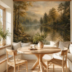 Sunset wallpaper texture close-up highlighting the misty lake surface and warm light rays between forest trees