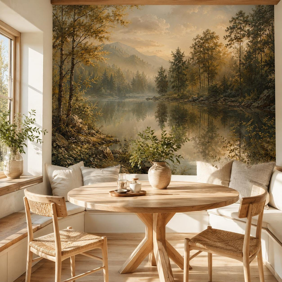 Sunset wallpaper texture close-up highlighting the misty lake surface and warm light rays between forest trees