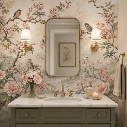Peel and stick floral wallpaper featuring songbirds perched among pink peony blooms and delicate blossoms