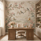 Bird blossom wall mural installed in elegant bedroom with grandmillennial decor and soft neutral tones