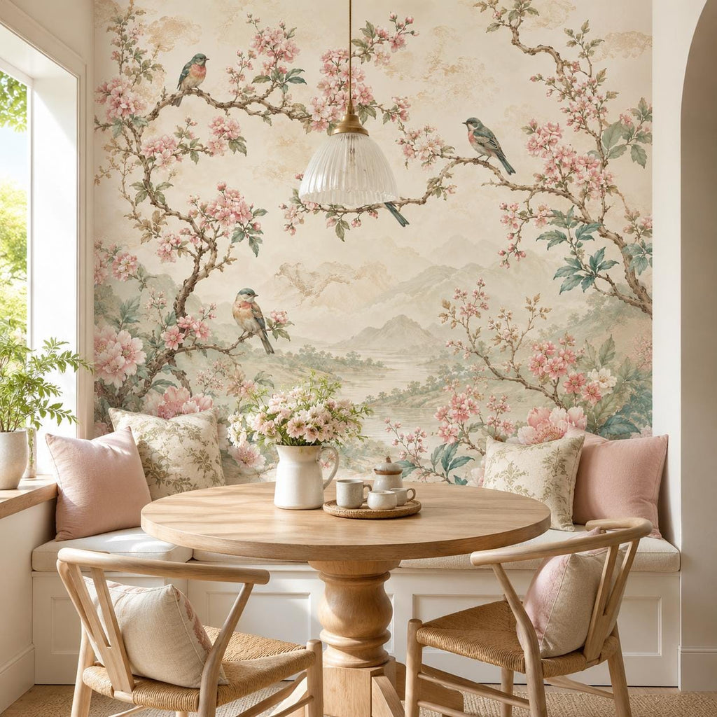 Full wall view of vintage botanical peel and stick wallpaper with birds perched on flowering branches