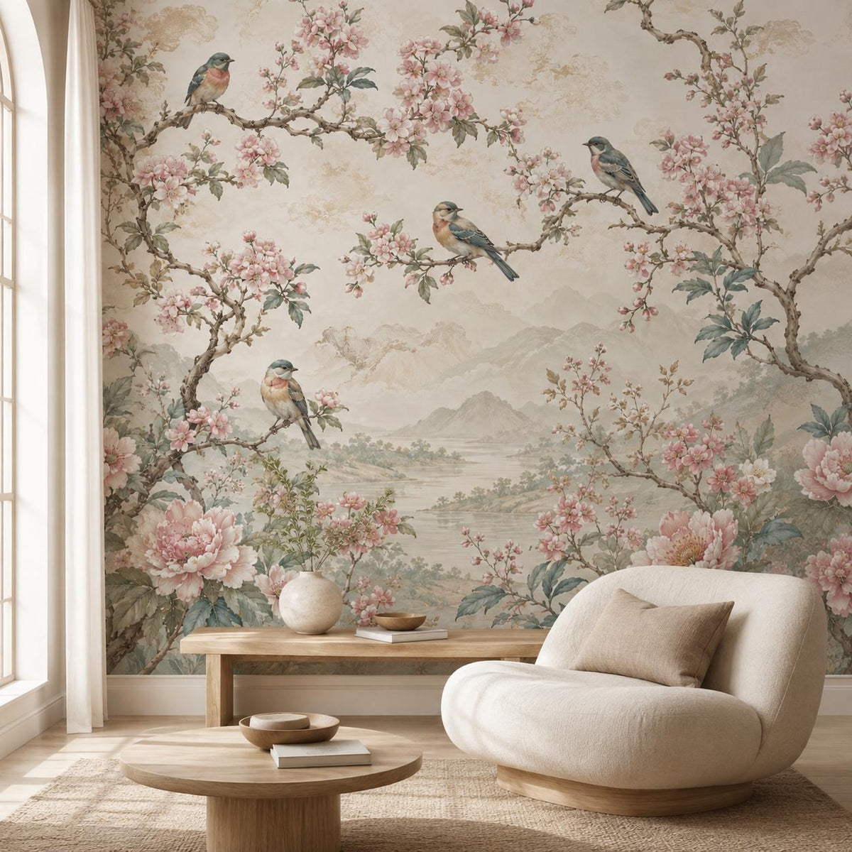 Close-up detail of pink chinoiserie wallpaper showing hand-painted style songbird amid peony blossoms