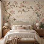 Close-up texture of bird floral mural showing fine detail of blush peony petals and blossom clusters