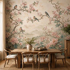 Chinoiserie bird wallpaper with blush pink peonies and cherry blossom branches on soft cream background
