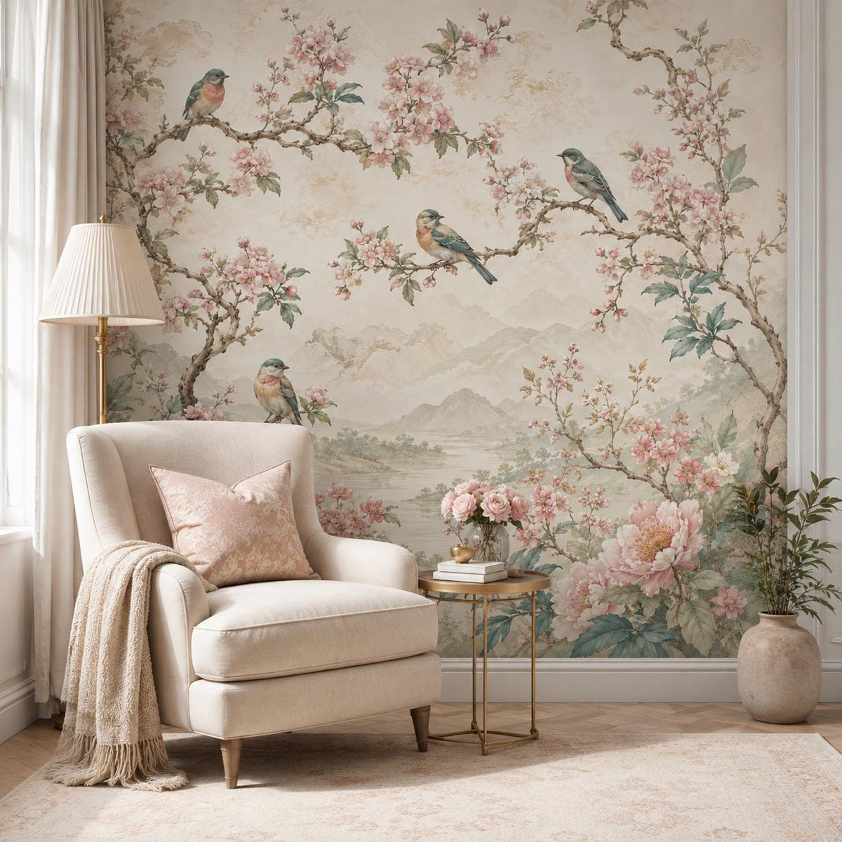 Nursery accent wall with pink chinoiserie bird wallpaper and soft botanical mural in pastel tones