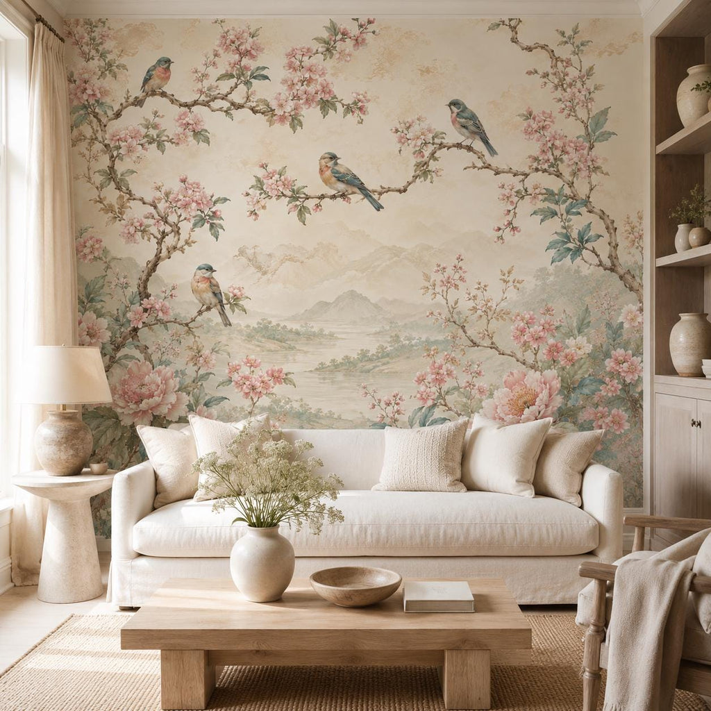 Scale reference showing songbird wallpaper panel dimensions against standard wall height for easy planning