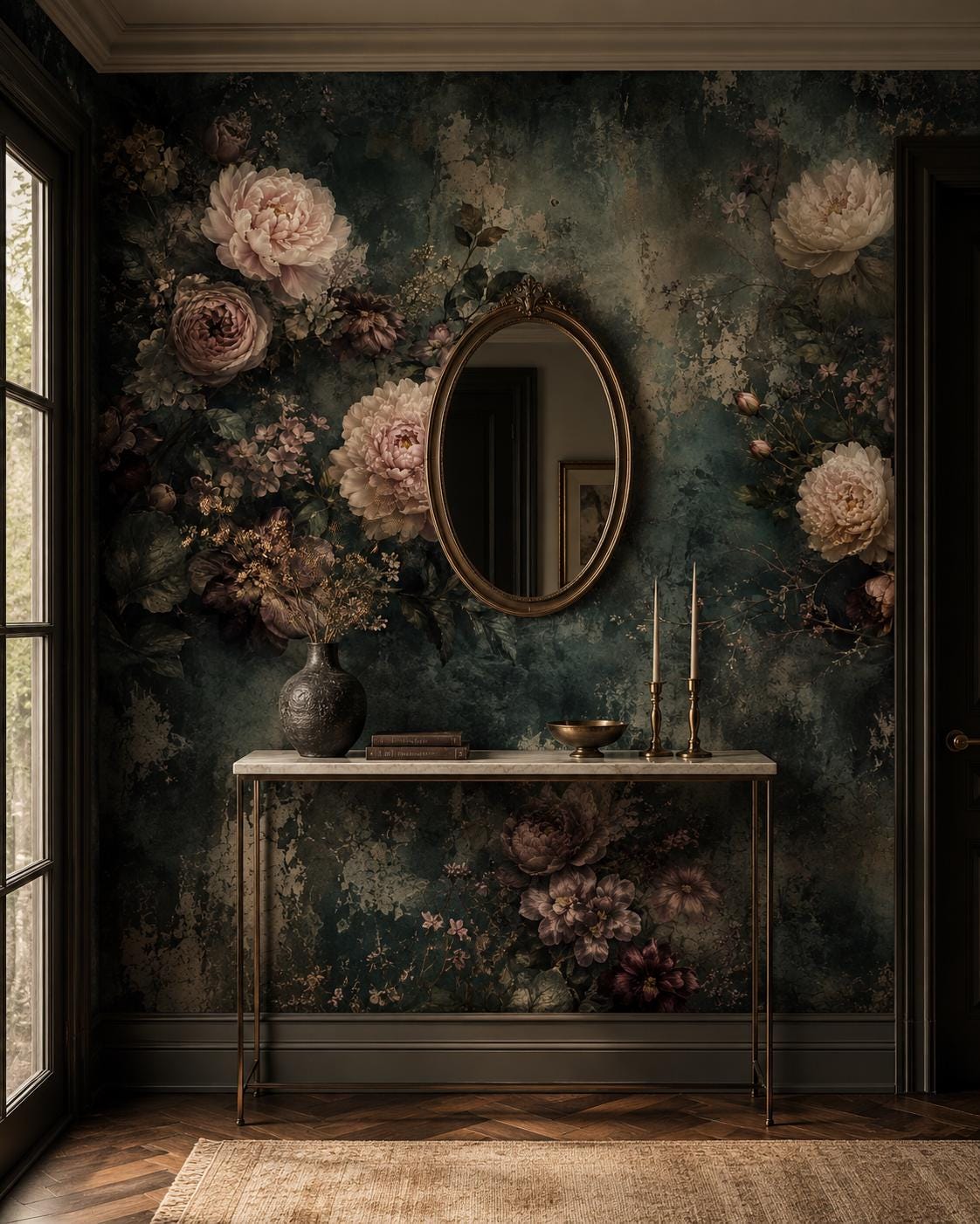 Vintage botanical wallpaper in a moody living room with dark floral wall creating a maximalist look